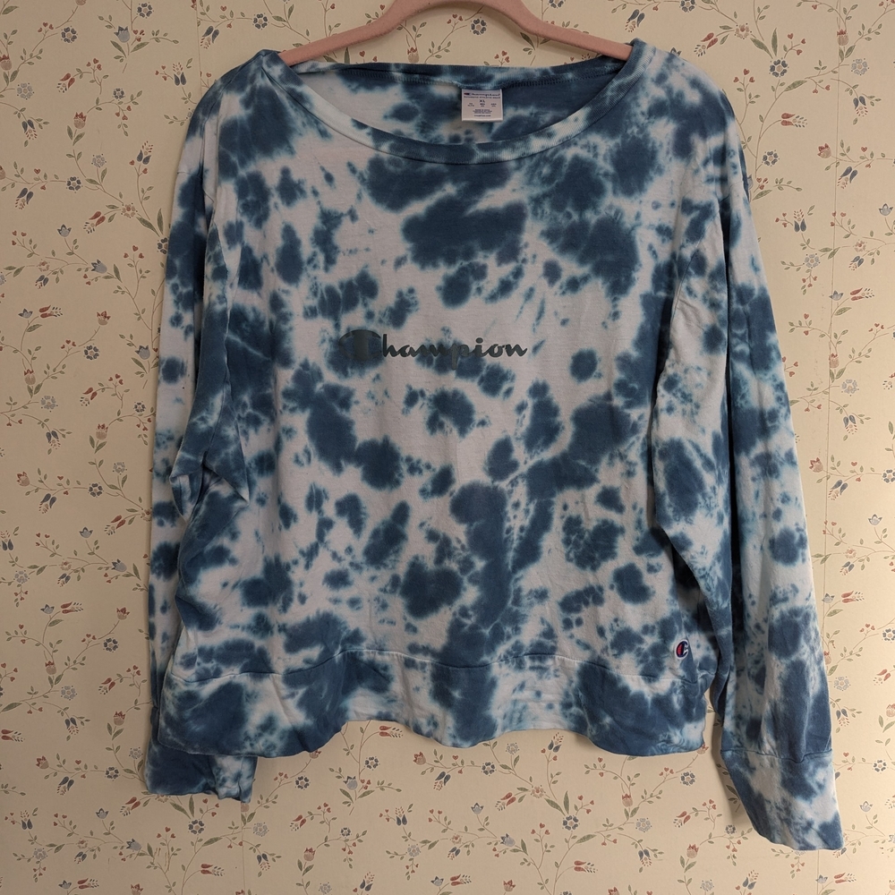 💙 Champion Tie Dye XL Top Long sleeve Boxy Cropped Athletic